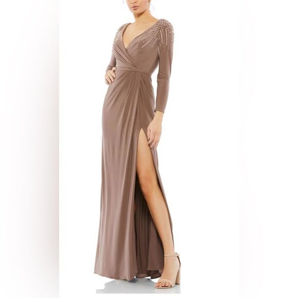 Ieena Mac Duggal NWT Mocha Fau Wrap Embellished Long Sleeve Maxi Evening Gown 16 - Picture 1 of 15